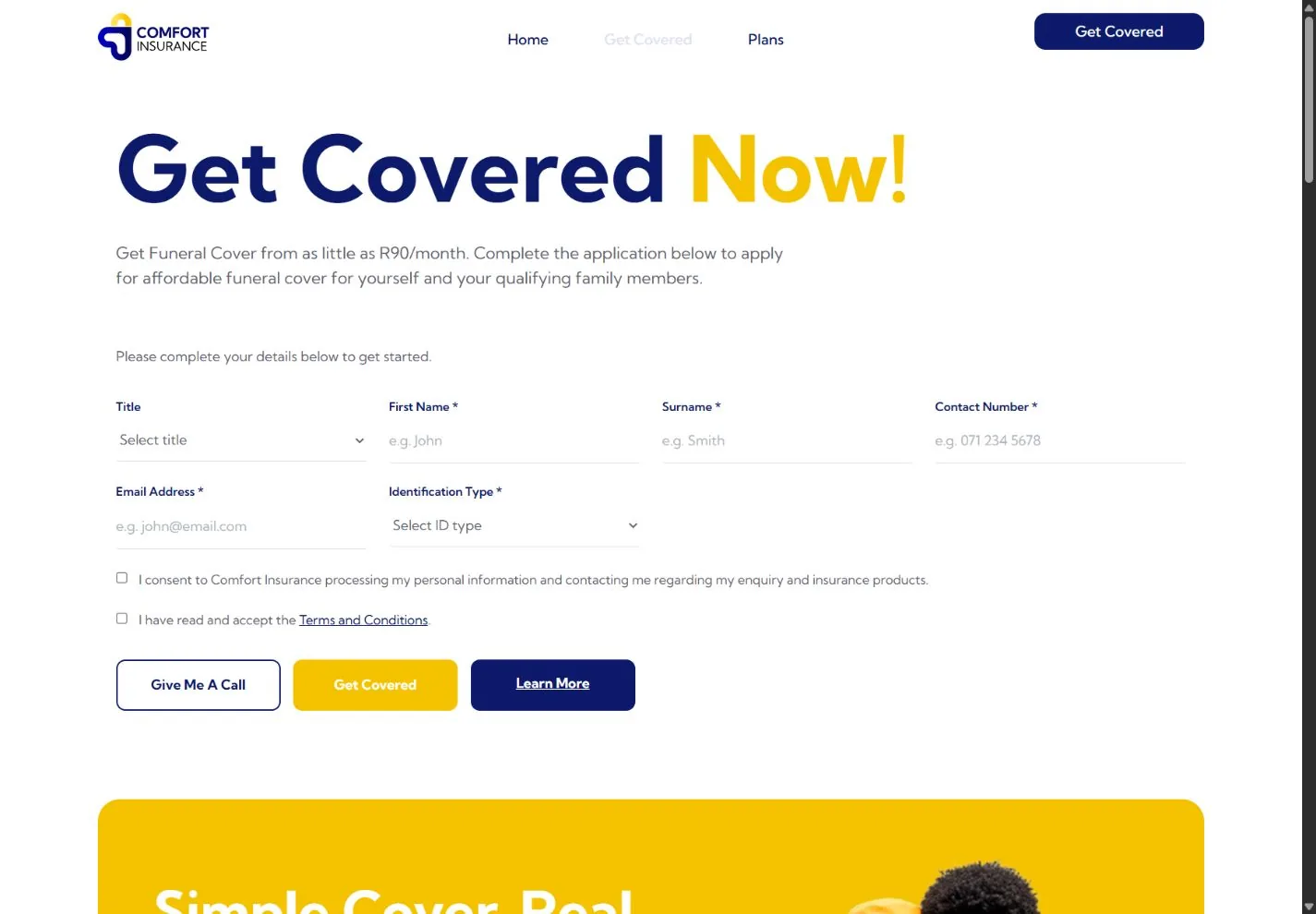 Comfort Insurance website homepage